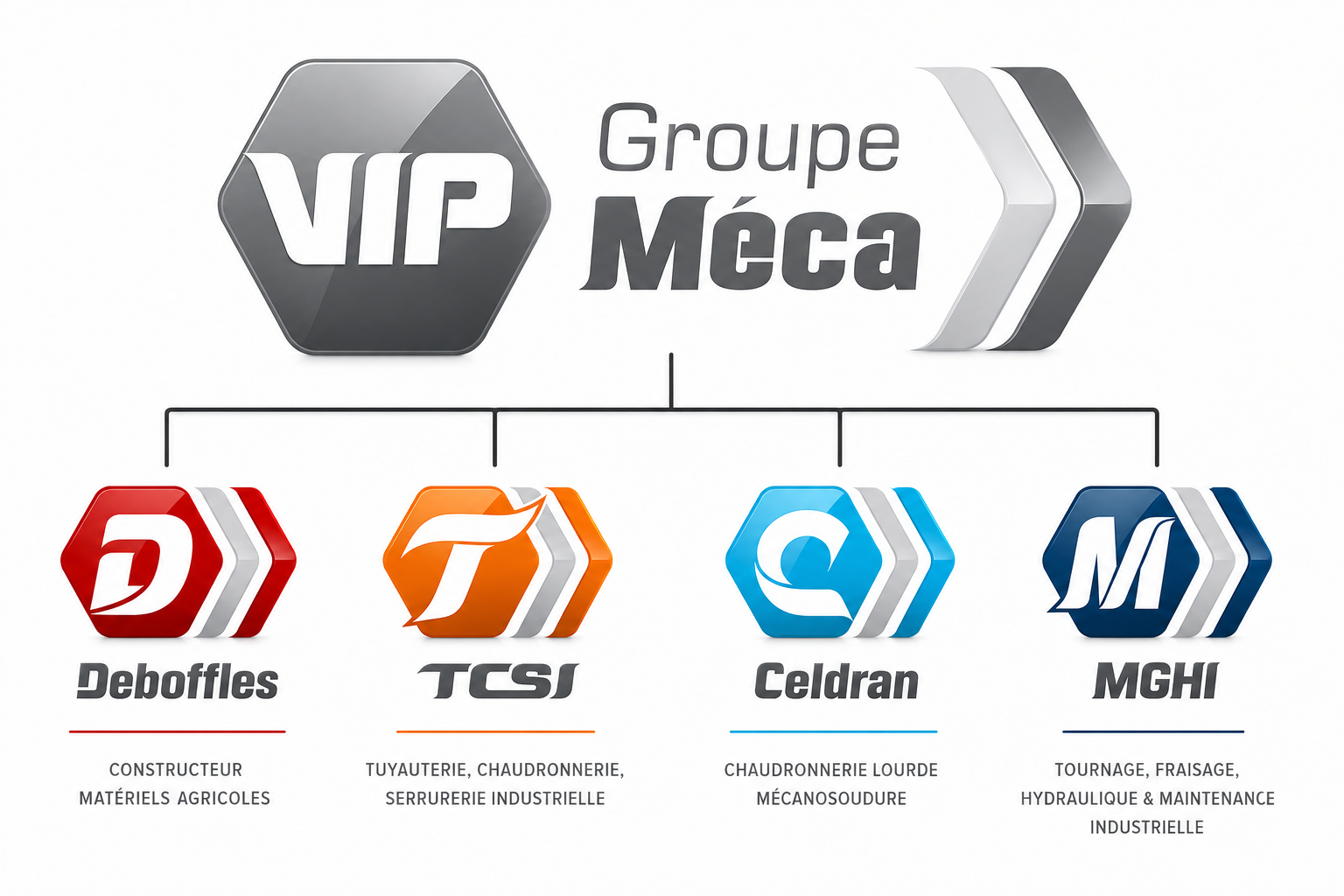 Organigramme du Groupe VIP Méca - Deboffles, TCSI, Celdran, MGHI